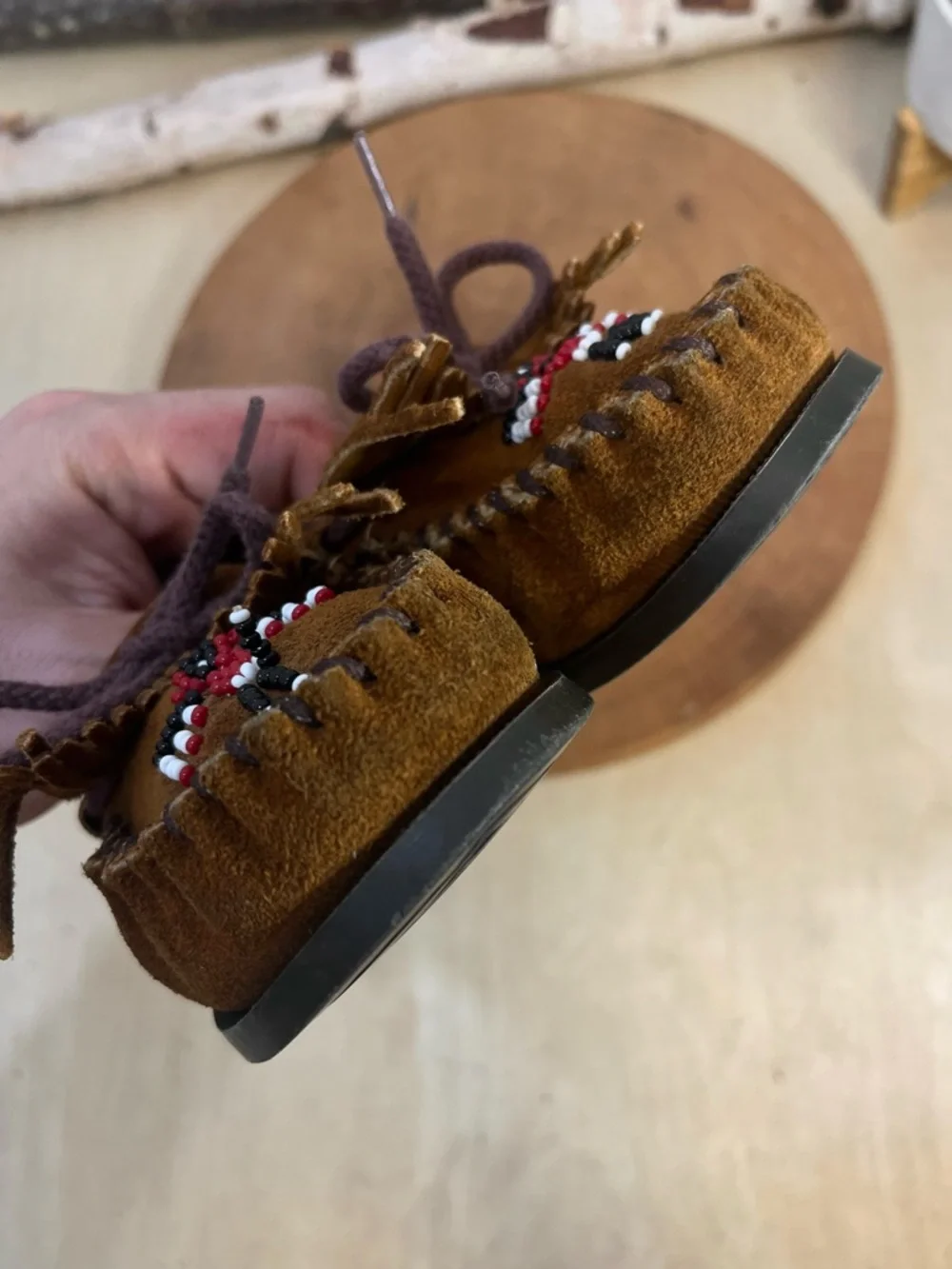 Minnetonka Thunderbird II Beaded Suede Moccasins Brown Size 13